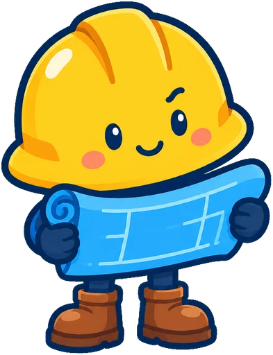 Hardy, the hard-hat mascot, reading a blueprint
