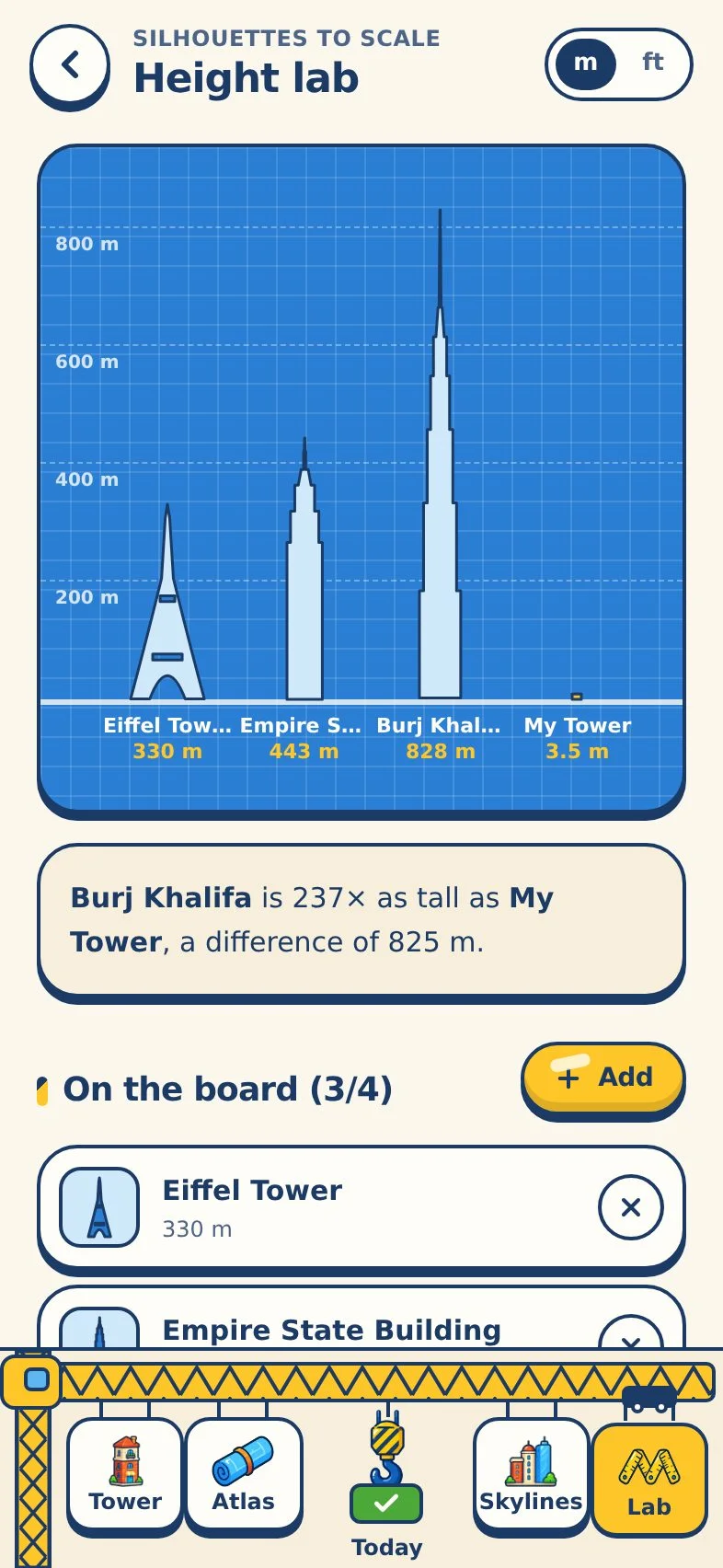 Height lab comparing the Eiffel Tower, Empire State Building and Burj Khalifa to scale