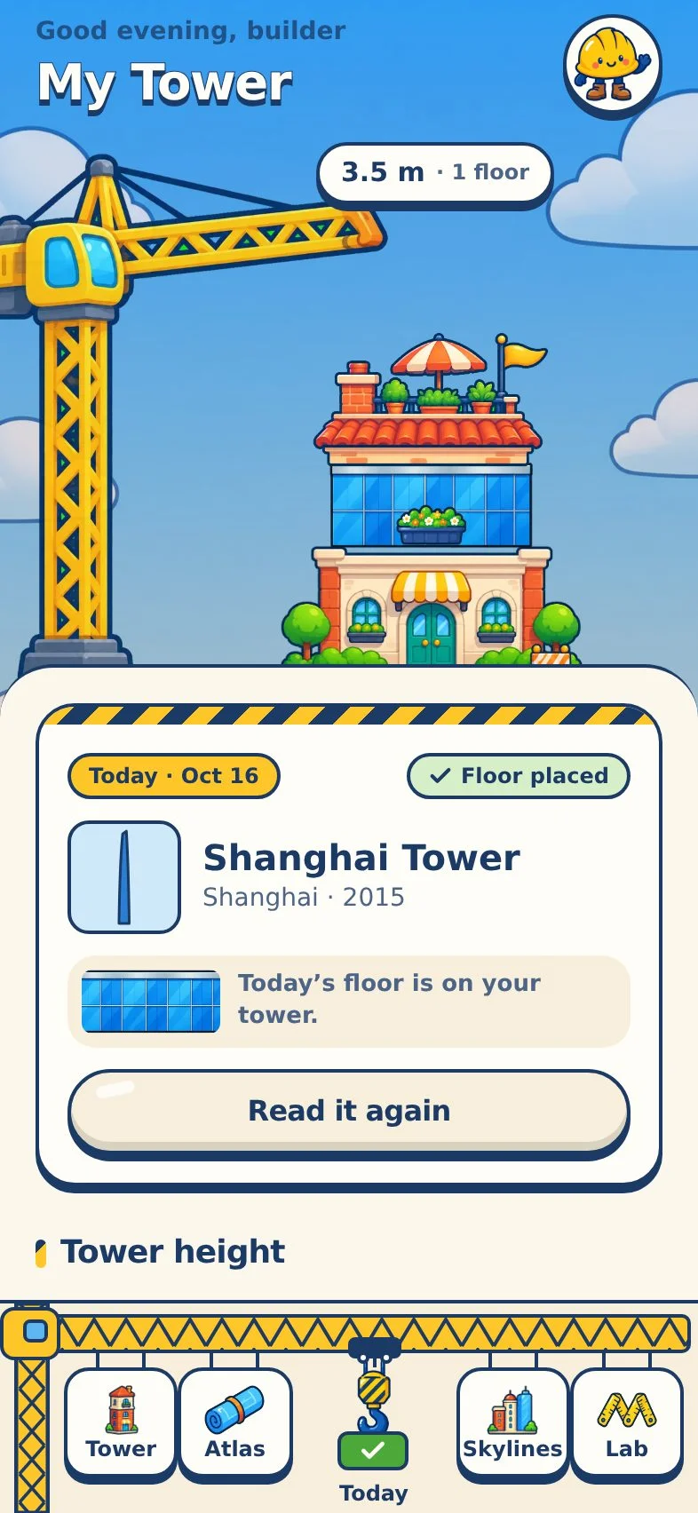 Skyline Stack home screen: a cartoon crane next to the user's tower and today's building card