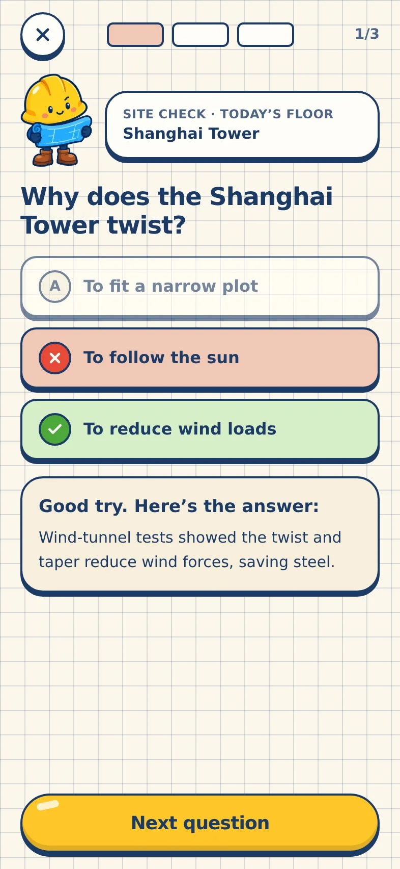 Site check question with the correct answer highlighted and an explanation